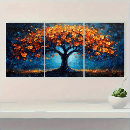 3pcs Vibrant Autumn Foliage Blue Geometric Metal Print Ready to Hang Art