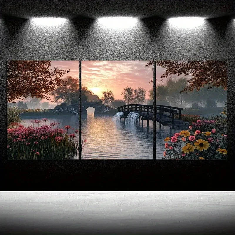 3pcs Waterfalls And Wooden Bridges Metal Print Ready to Hang Art