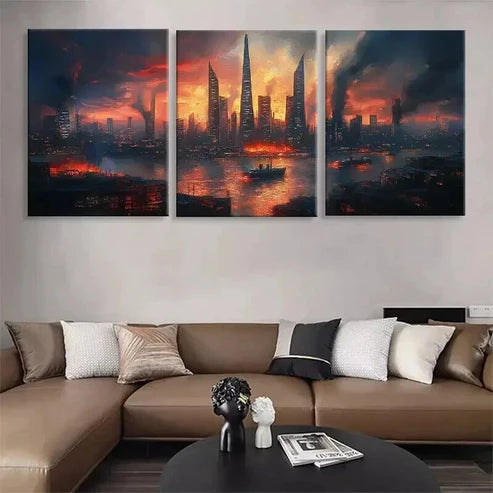 3pcs Skyscrapers and Burning Waters Prefect Wall Art Canvas Unframed - High Quality Print 100% Australian Made Wall Canvas