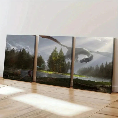3pcs Magical Style Aesthetic Dragon Retro Wall Art Set Canvas Framed 40x60cm - High Quality Print 100% Australian Made Wall Canvas Ready to Hang