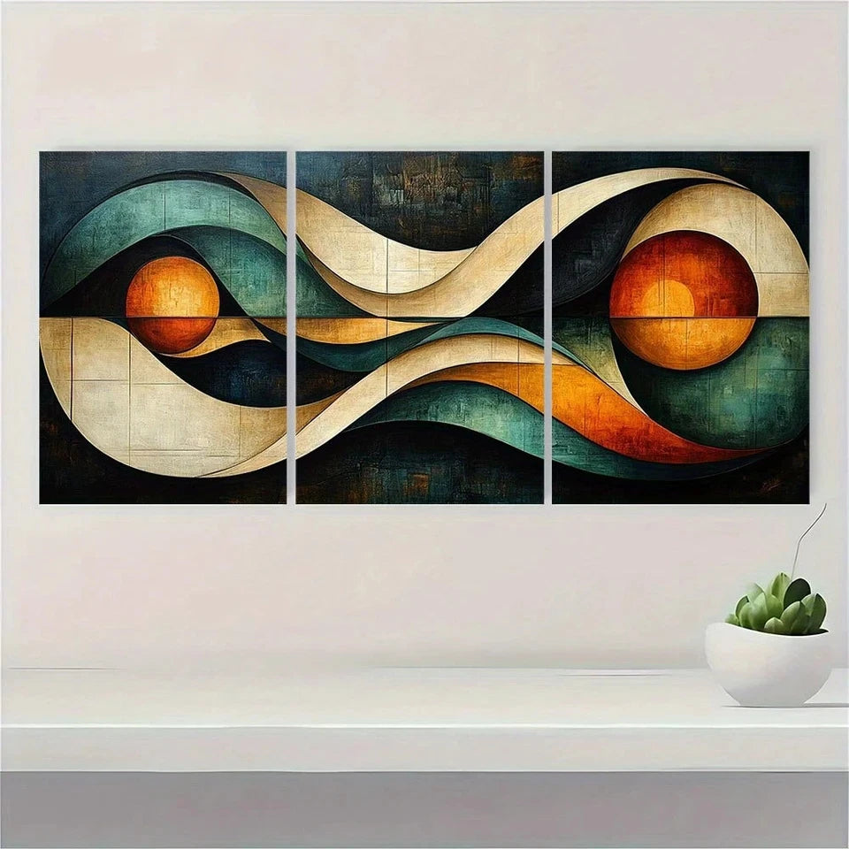 3pcs Modern Abstract Geometric Beige Metal Print Ready to Hang Art
