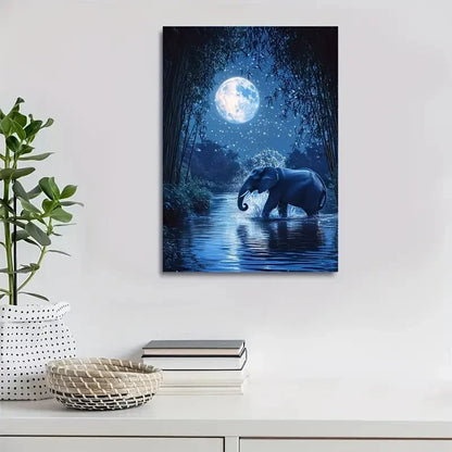 Vibrant Elephant in Bamboo Grove at Night Painting  40x60cm Metal Print Ready to Hang