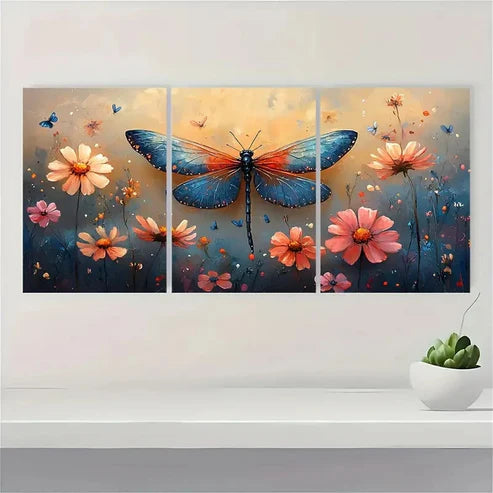 3pcs Dragonfly Painting Wildflowers TY Wall Art Set Canvas Unframed - High Quality Print 100% Australian Made Wall Canvas