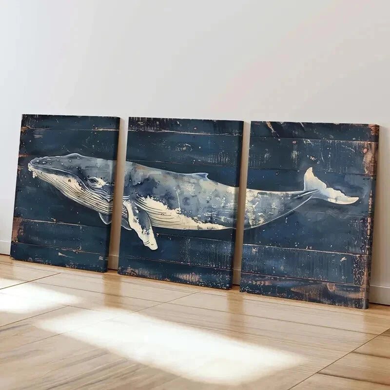 3pcs Abstract Blue Whale & Ocean Life Wall Art Set Canvas Framed 40x60cm - High Quality Print 100% Australian Made Wall Canvas Ready to Hang