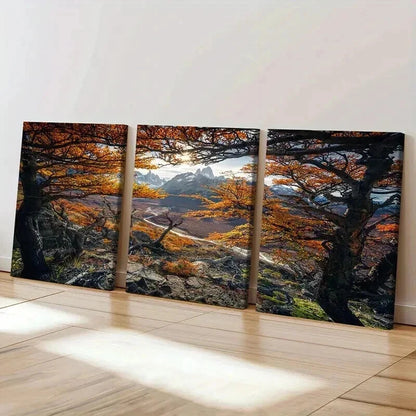 3pcs Mountains and Autumn Leaves Scenery Wall Art Set Canvas Framed 40x60cm - High Quality Print 100% Australian Made Wall Canvas Ready to Hang
