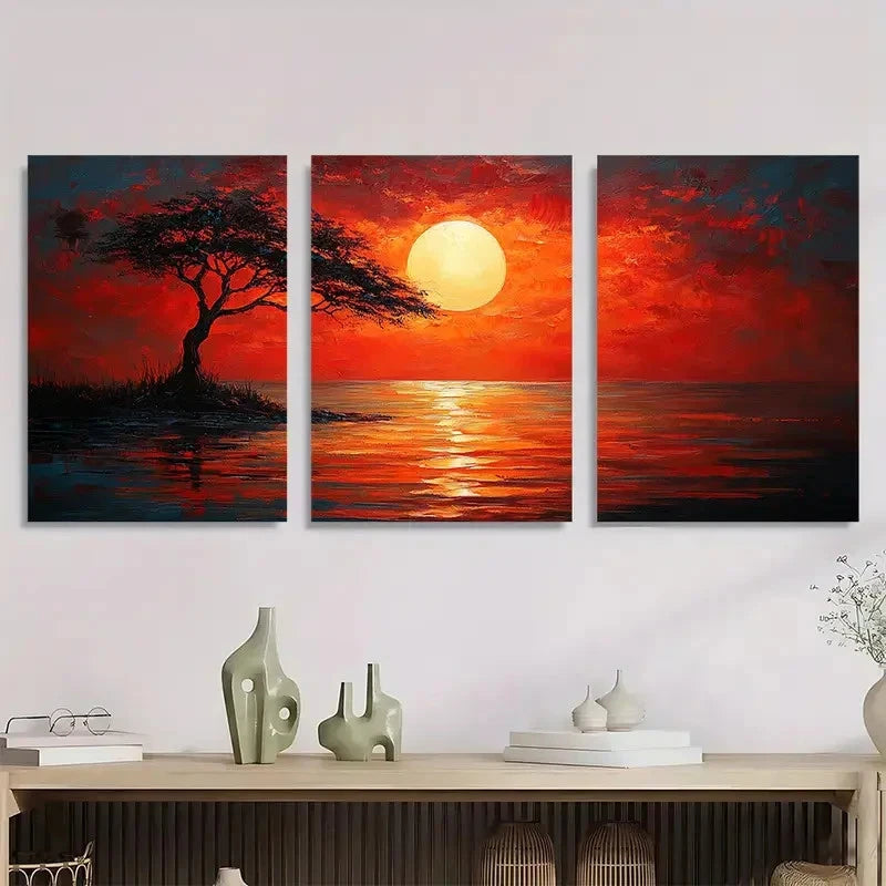3pcs Savannah Sunshine Red Darkness Perfect Wall Art Set Canvas Framed 40x60cm - High Quality Print 100% Australian Made Wall Canvas Ready to Hang