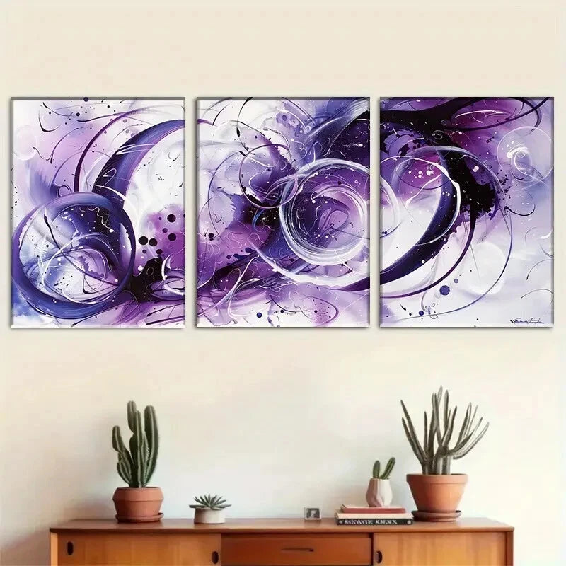 3pcs Abstract Purple Modern Fluid Swirl Perfect Wall Art Set Canvas Framed 40x60cm - High Quality Print 100% Australian Made Wall Canvas Ready to Hang