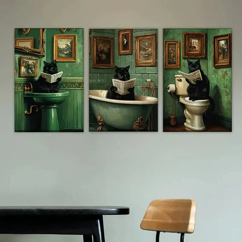 3pcs Whimsical Cat Bathroom Wall Art Set Canvas Unframed - High Quality Print 100% Australian Made Wall Canvas