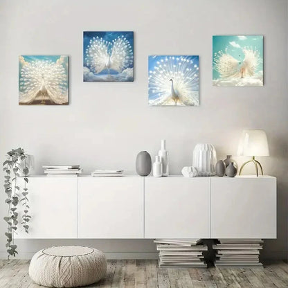 4pcs Seawater White Peacock with Blue Feathers Wall Art Canvas Framed
