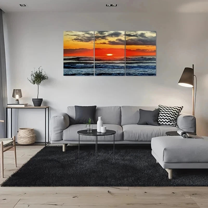3pcs Sunset Over Ocean Waves Serene Nature Scene Metal Print Ready to Hang Art