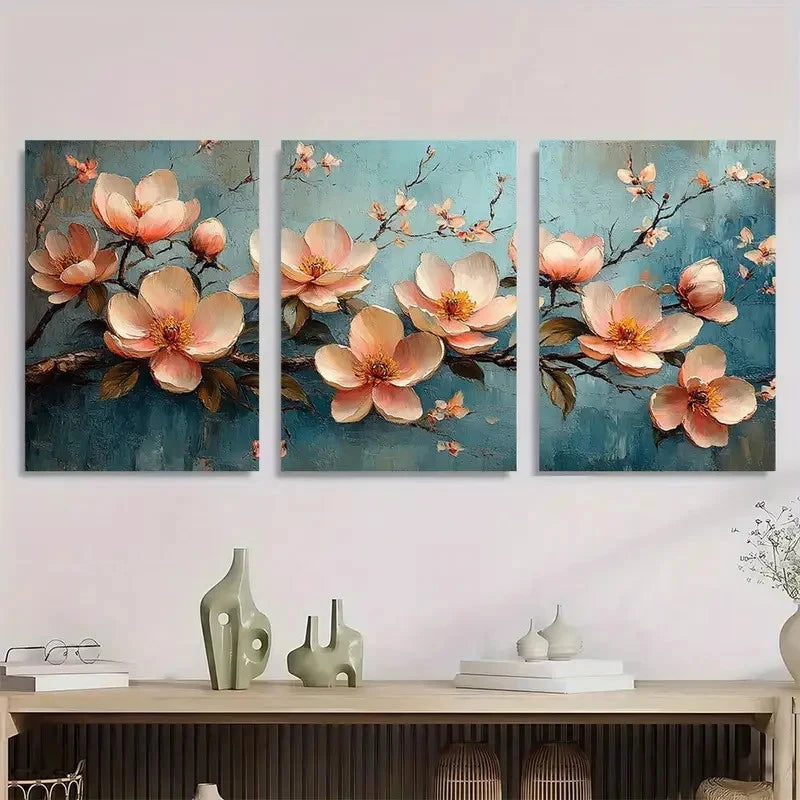 3pcs Peony Magnolia Landscape Painting Metal Print Ready to Hang Art