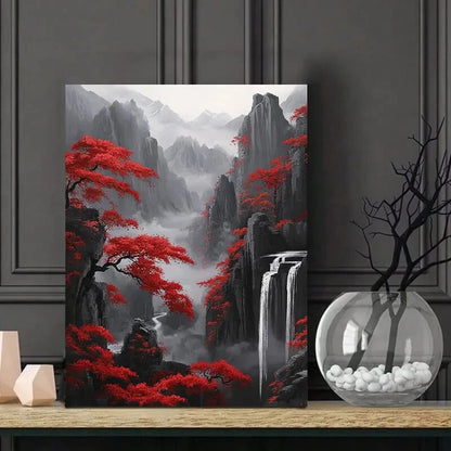 Vibrant Red Trees & Mountain Landscape Waterfall 40x60cm Metal Print Ready to Hang