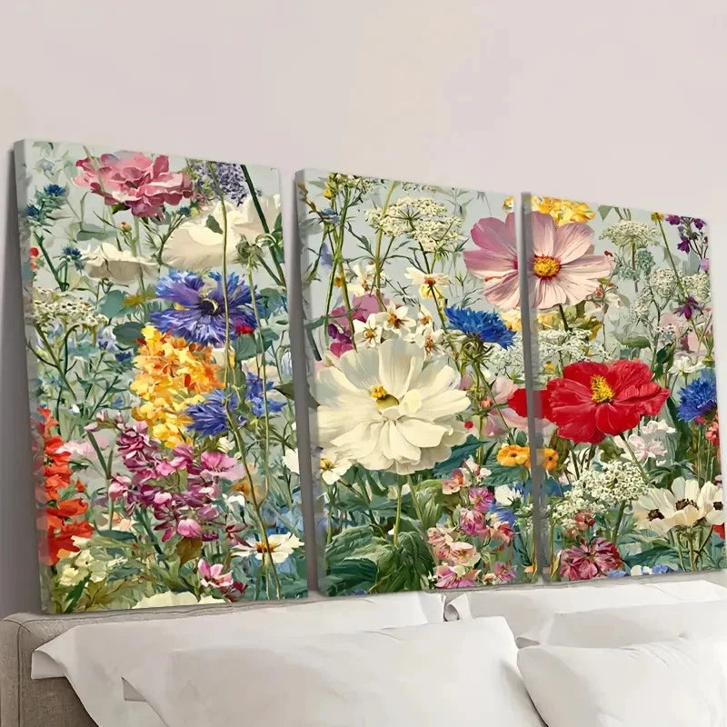 3pcs Chintz Wildflower Meadow Pleasant Floral Wall Art Set Canvas Framed 50x70cm - High Quality Print 100% Australian Made Wall Canvas Ready to Hang