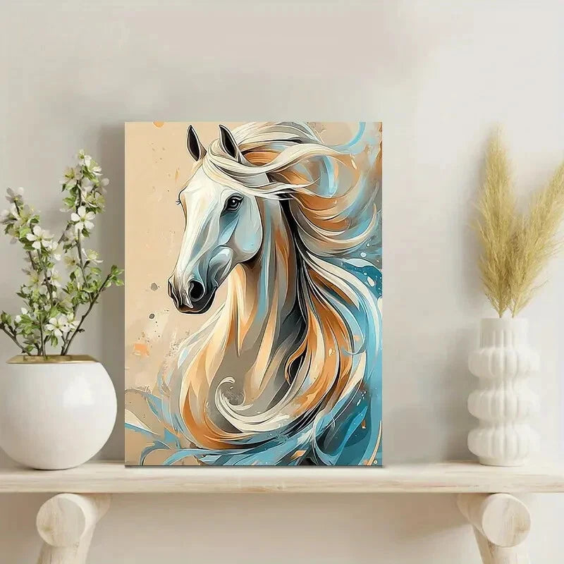 Beautiful White Horse With a Long Mane Light Brown 40x60cm Metal Print Ready to Hang