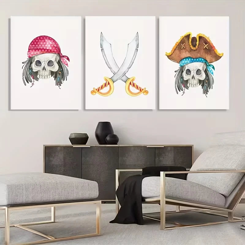 3pcs Pirate Skulls And Crossed Swords  Wall Art Set Canvas Framed 60x90cm - High Quality Print 100% Australian Made Wall Canvas Ready to Hang
