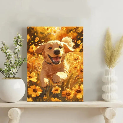 Golden Retriever Dog Woven Floral Field Painting 40x60cm Metal Print Ready to Hang