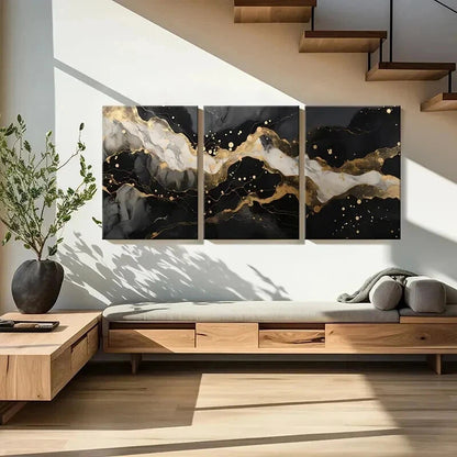 3pcs Abstract Black Gold Marble Texture Wall Art Set Canvas Framed 40x60cm - High Quality Print 100% Australian Made Wall Canvas Ready to Hang