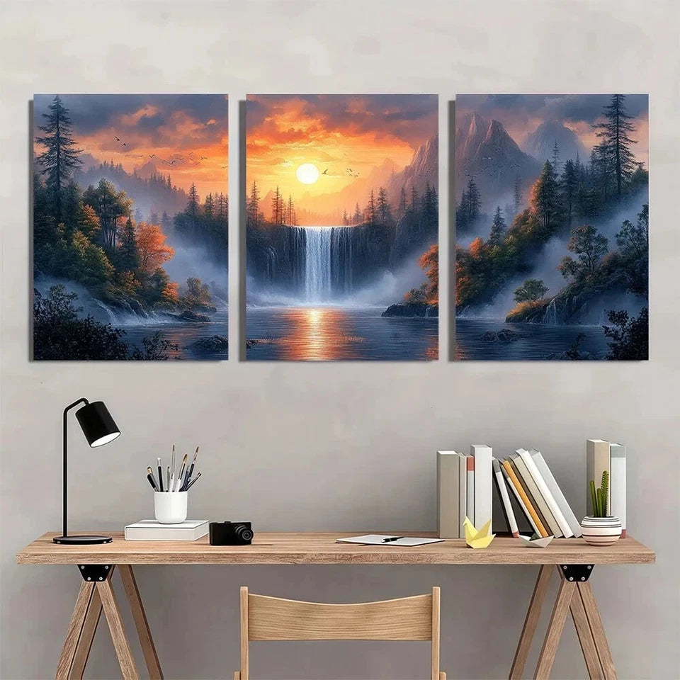 3pcs Waterfall Sunset Classic Style Nature Metal Print Ready to Hang Art
