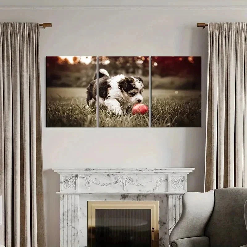 3pcs Puppy Playing Ball On Lawn Decor Wall Art Set Canvas Framed 40x60cm - High Quality Print 100% Australian Made Wall Canvas Ready to Hang