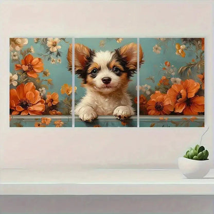 3pcs Adorable Puppy & Floral Modern Metal Print Ready to Hang Art