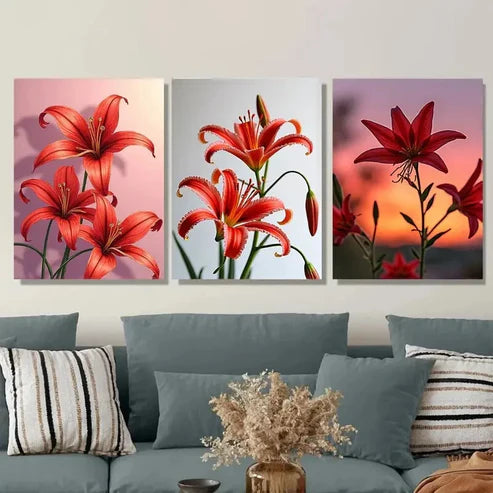 3pcs Red Lily Flower Vibrant Floral Orange Wall Art Set Canvas Unframed - High Quality Print 100% Australian Made Wall Canvas