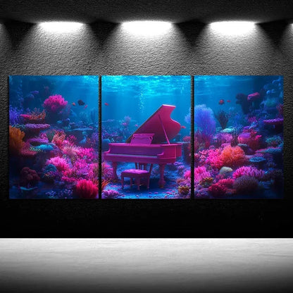 3pcs The Piano Under The Sea Pink Themed Metal Print Ready to Hang Art