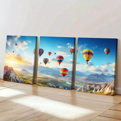 3pcs Vibrant Hot Air Balloon Mountain   Wall Art Set Canvas Framed 40x60cm - High Quality Print 100% Australian Made Wall Canvas Ready to Hang