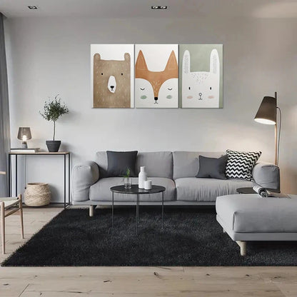 3pcs Adorable Animal Cute Bear Fox and Rabbit Metal Print Ready to Hang Art