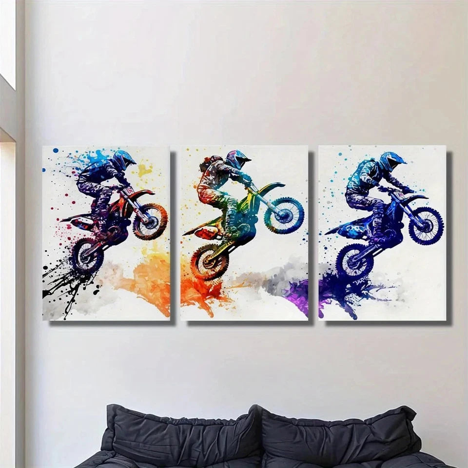 3pcs Vibrant Motocross Colorful Racing Rider Metal Print Ready to Hang Art
