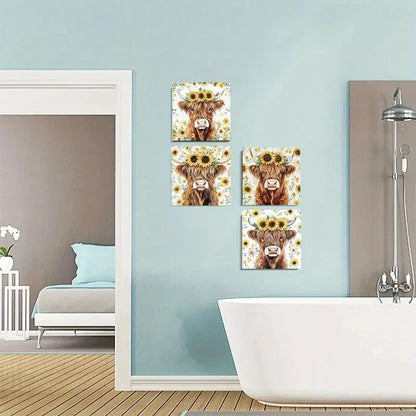 4pcs Highland cow sunflower  Wall Art Canvas Framed