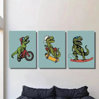 3pcs Tyrannosaurus Rex Skateboarding and Riding Wall Art Set Canvas Unframed - High Quality Print 100% Australian Made Wall Canvas