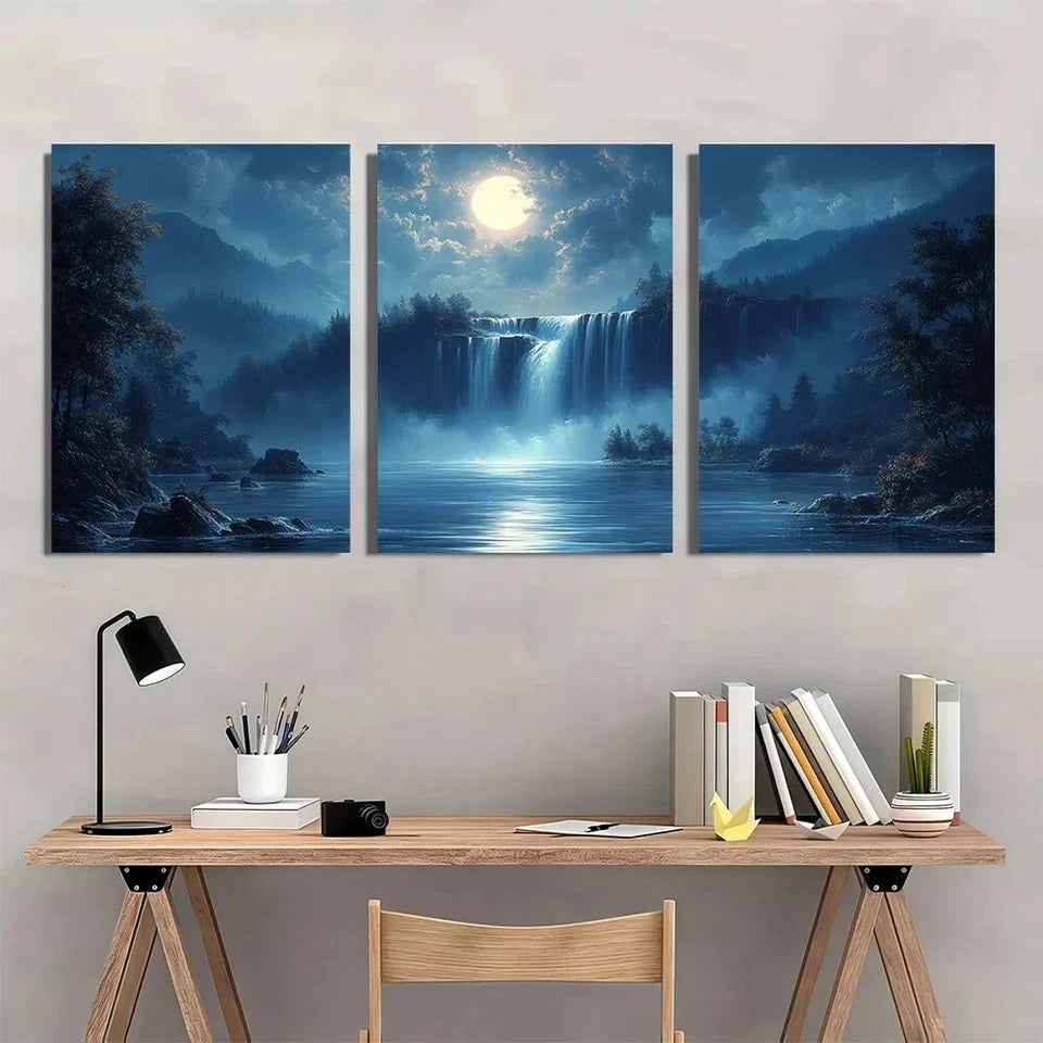 3pcs Abstract Moonlit Waterfall Scenery Metal Print Ready to Hang Art