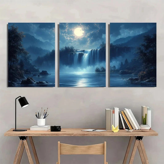 3pcs Abstract Moonlit Waterfall Scenery Metal Print Ready to Hang Art