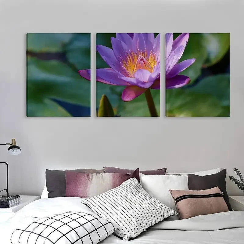 3pcs Purple Water Lily Flower Blooming    Wall Art Set Canvas Framed 60x90cm - High Quality Print 100% Australian Made Wall Canvas Ready to Hang