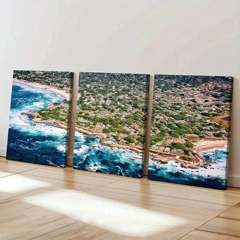 3pcs Sea Waves Coastline Modern Decor Wall Art Set Canvas Framed 40x60cm - High Quality Print 100% Australian Made Wall Canvas Ready to Hang