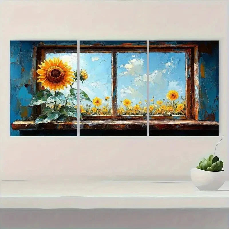 3pcs Vibrant Yellow Sunflowers in Blue Window Metal Print Ready to Hang Art