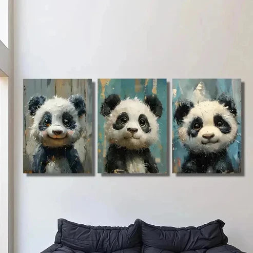 3pcs Woodland Animal Cute Panda Imitation Wall Art Canvas Unframed – High Quality Print 100% Australian Made Wall Canvas