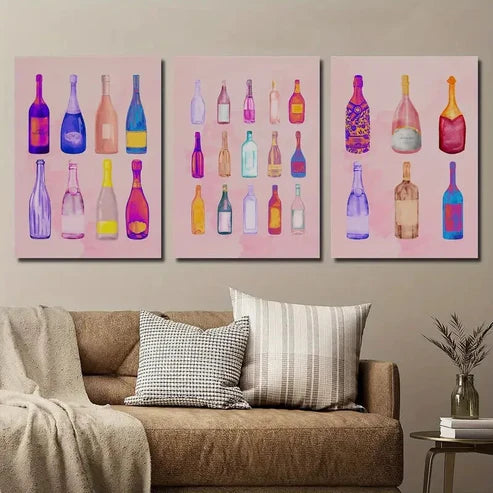 3pcs Beautiful Girly Wine Bottle Bar Cart Wall Art Set Canvas Unframed - High Quality Print 100% Australian Made Wall Canvas