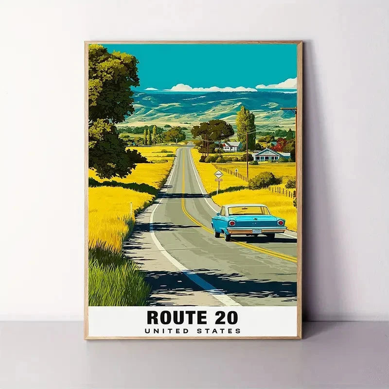 Vintage Route 20 USA Highway Turquoise Travel Poster Print Wall Art
