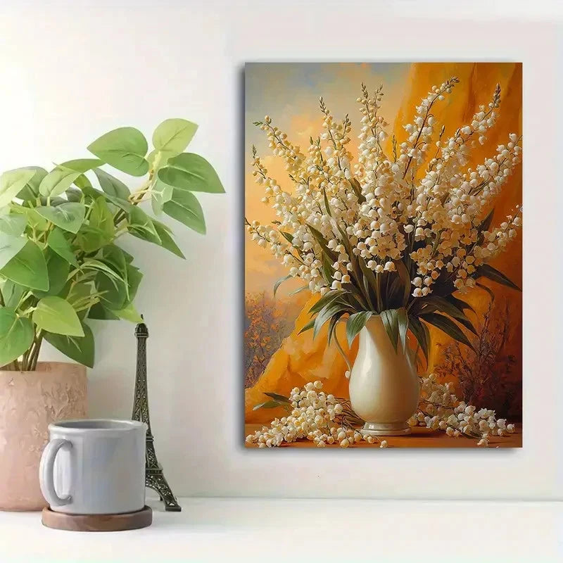Beautiful White Flowers & Green Leaves Painting 40x60cm Metal Print Ready to Hang