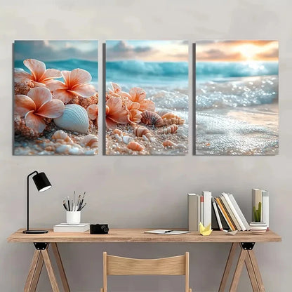 3pcs Beach Sunset Vibrant Ocean Waves Flowers Metal Print Ready to Hang Art