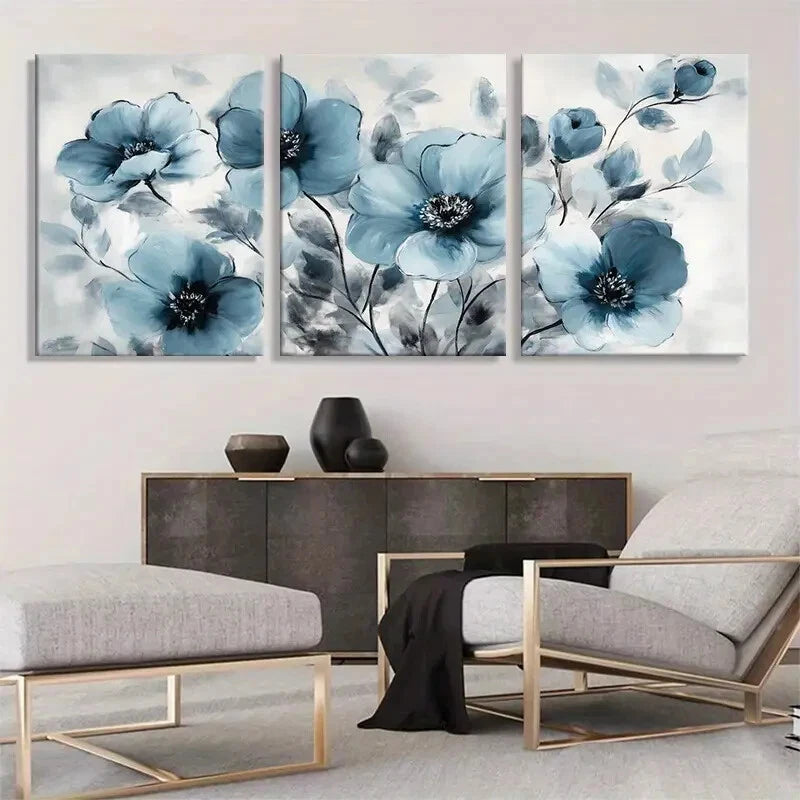 3pcs Elegant Blue Floral Blooming Flower Perfect Wall Art Set Canvas Framed 40x60cm - High Quality Print 100% Australian Made Wall Canvas Ready to Hang