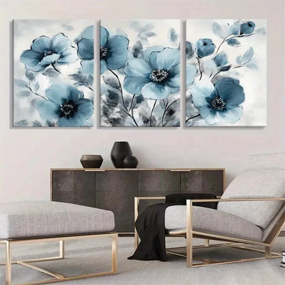 3pcs Elegant Blue Floral Blooming Flower Perfect Wall Art Set Canvas Framed 40x60cm - High Quality Print 100% Australian Made Wall Canvas Ready to Hang