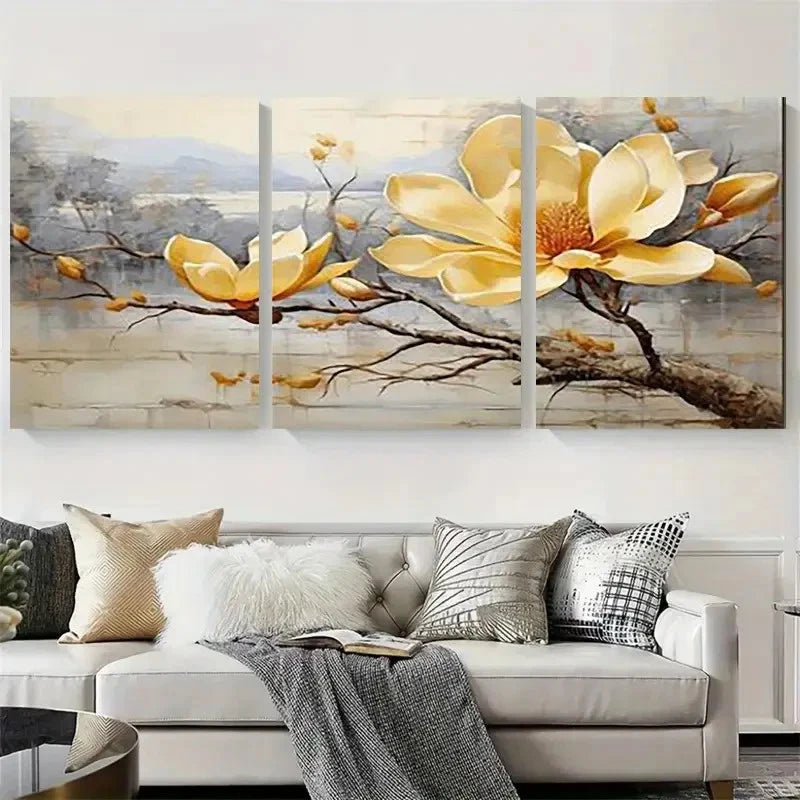 3pcs Elegant Yellow Magnolia Branch Metal Print Ready to Hang Art