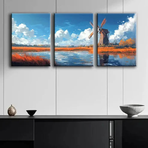3pcs A Windmill on the Water Perfect Wall Art Set Canvas Unframed - High Quality Print 100% Australian Made Wall Canvas