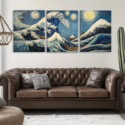3pcs Van Gogh Inspired Mountain and Wave Perfect Wall Art Set Canvas Framed 40x60cm - High Quality Print 100% Australian Made Wall Canvas Ready to Hang
