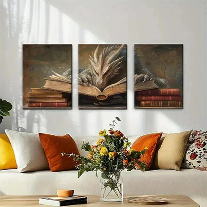 3pcs Wise Dragon Reading Books Mystical Perfect Wall Art Set Canvas Framed 40x60cm - High Quality Print 100% Australian Made Wall Canvas Ready to Hang