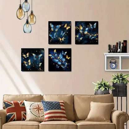 4pcsElegant Blue & Golden ButterflyWall Art Canvas Framed