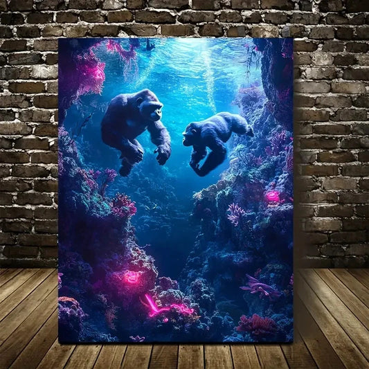 Realistic Gorillas Underwater In Neon Glow Painting 40x60cm Metal Print Ready to Hang