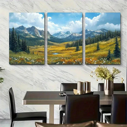 3pcs Vibrant Mountain & Meadow Landscape Metal Print Ready to Hang Art